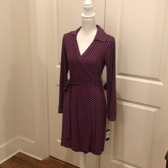 red and blue wrap dress